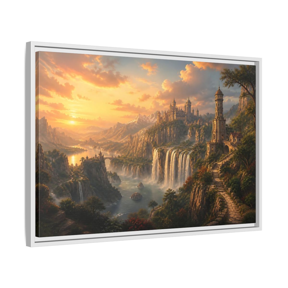 Side Mockup 10. Golden Cliffside Castle At Sunset shown as framed canvas print