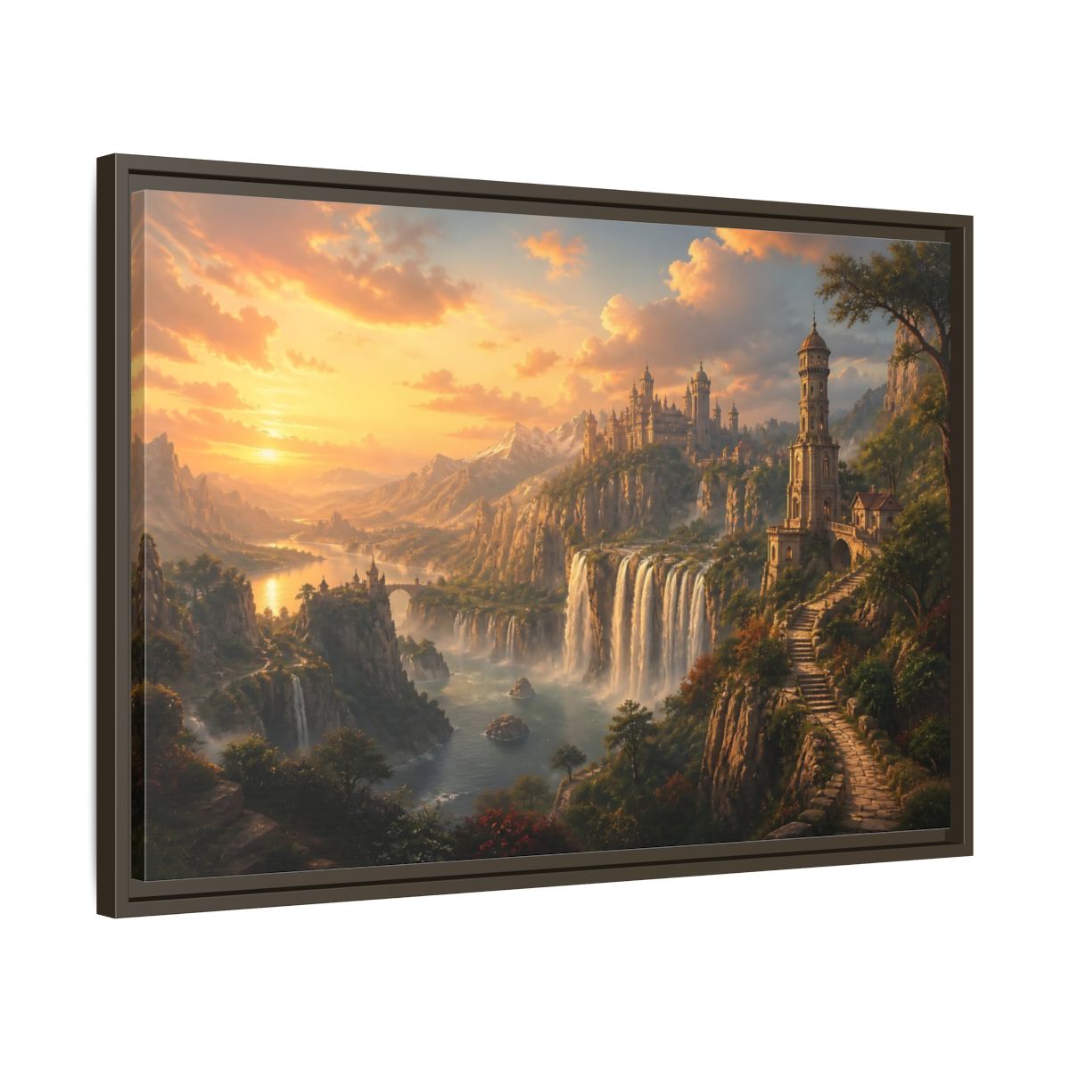 Side Mockup 11. Golden Cliffside Castle At Sunset shown as framed canvas print