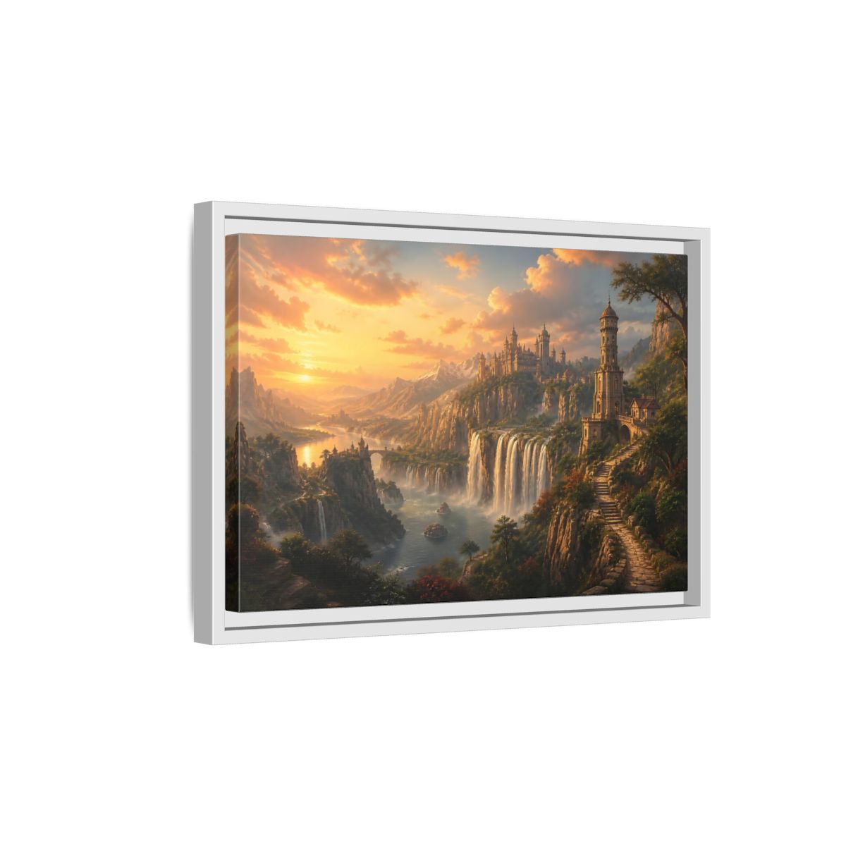 Side Mockup 4. Golden Cliffside Castle At Sunset shown as framed canvas print