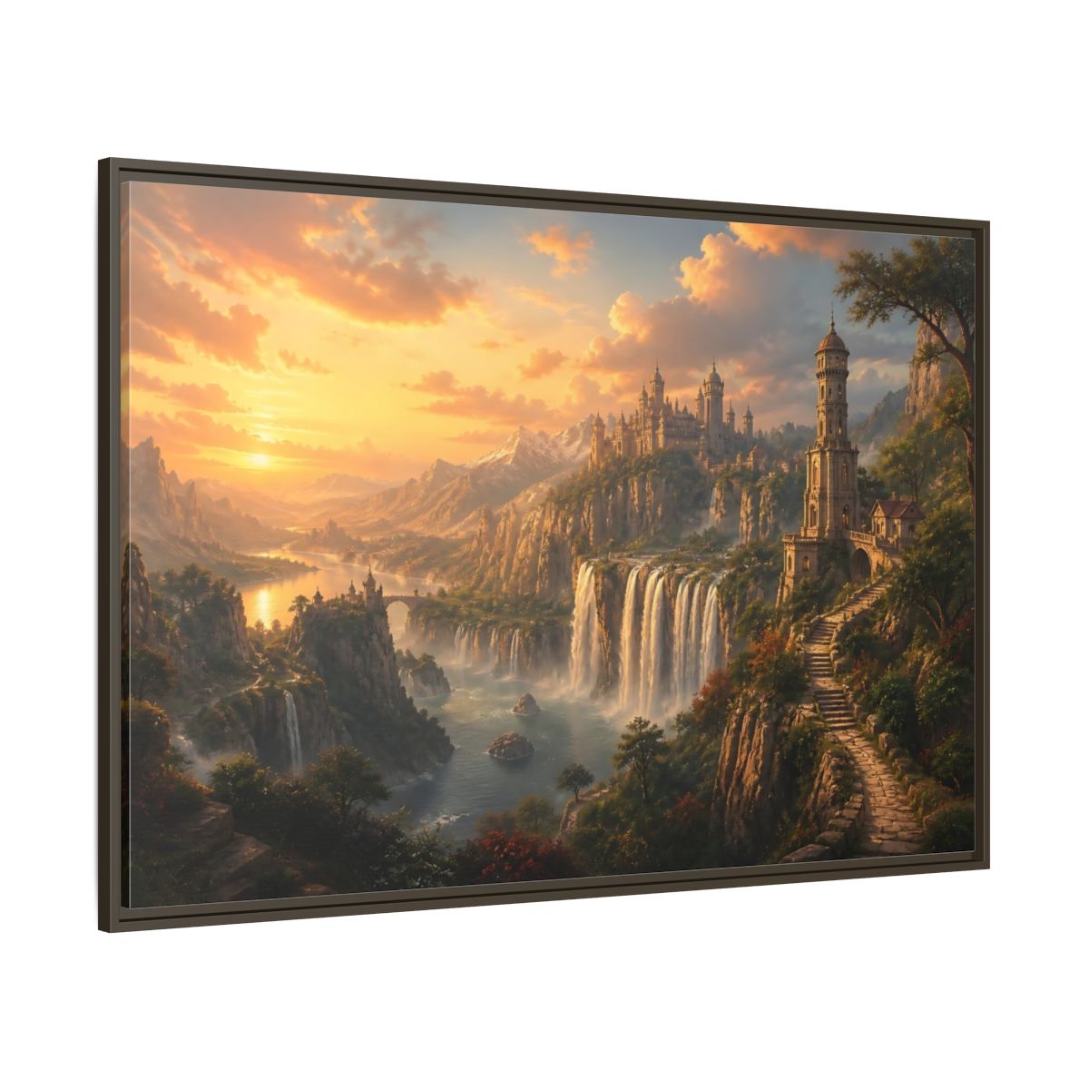 Side Mockup 8. Golden Cliffside Castle At Sunset shown as framed canvas print