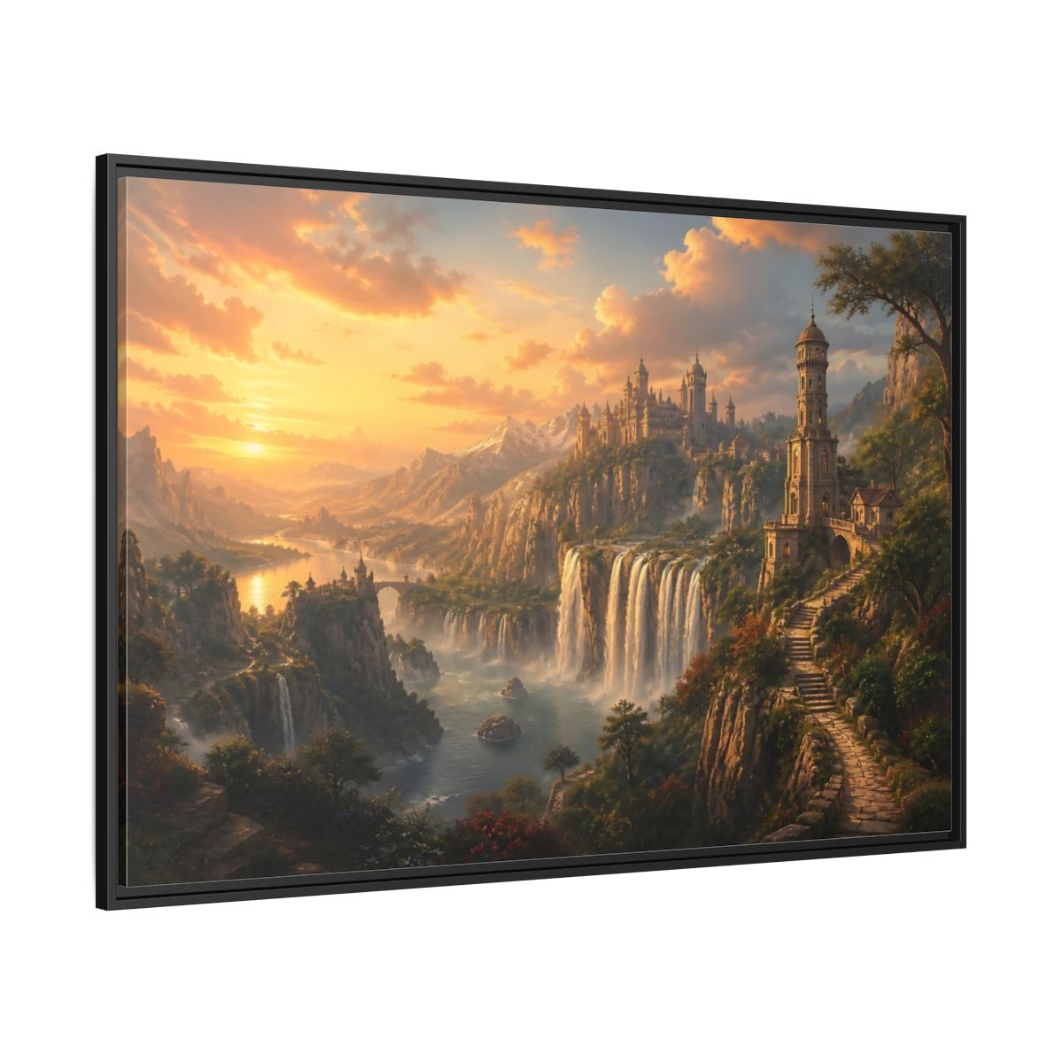 Side Mockup 12. Golden Cliffside Castle At Sunset shown as framed canvas print