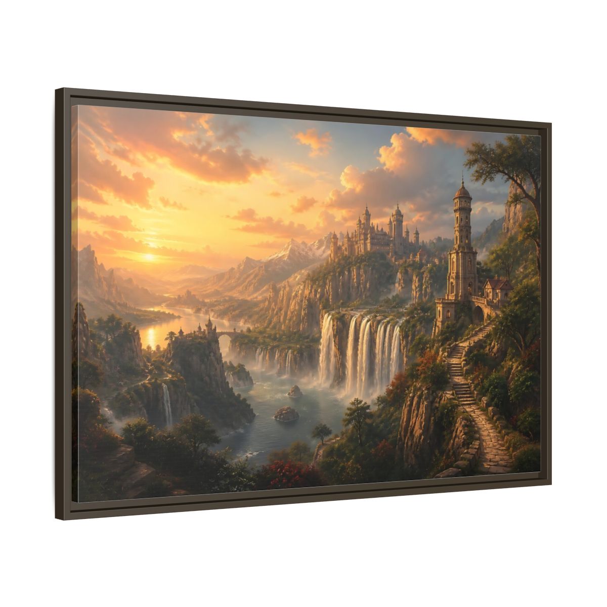 Main Mockup. Golden Cliffside Castle At Sunset shown as framed canvas print