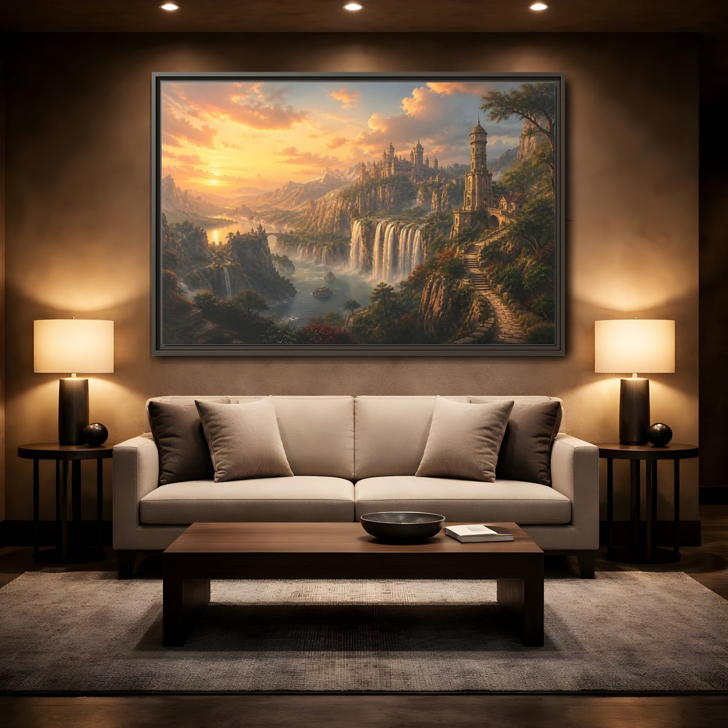 Mockup 2. Golden Cliffside Castle At Sunset shown as framed canvas print
