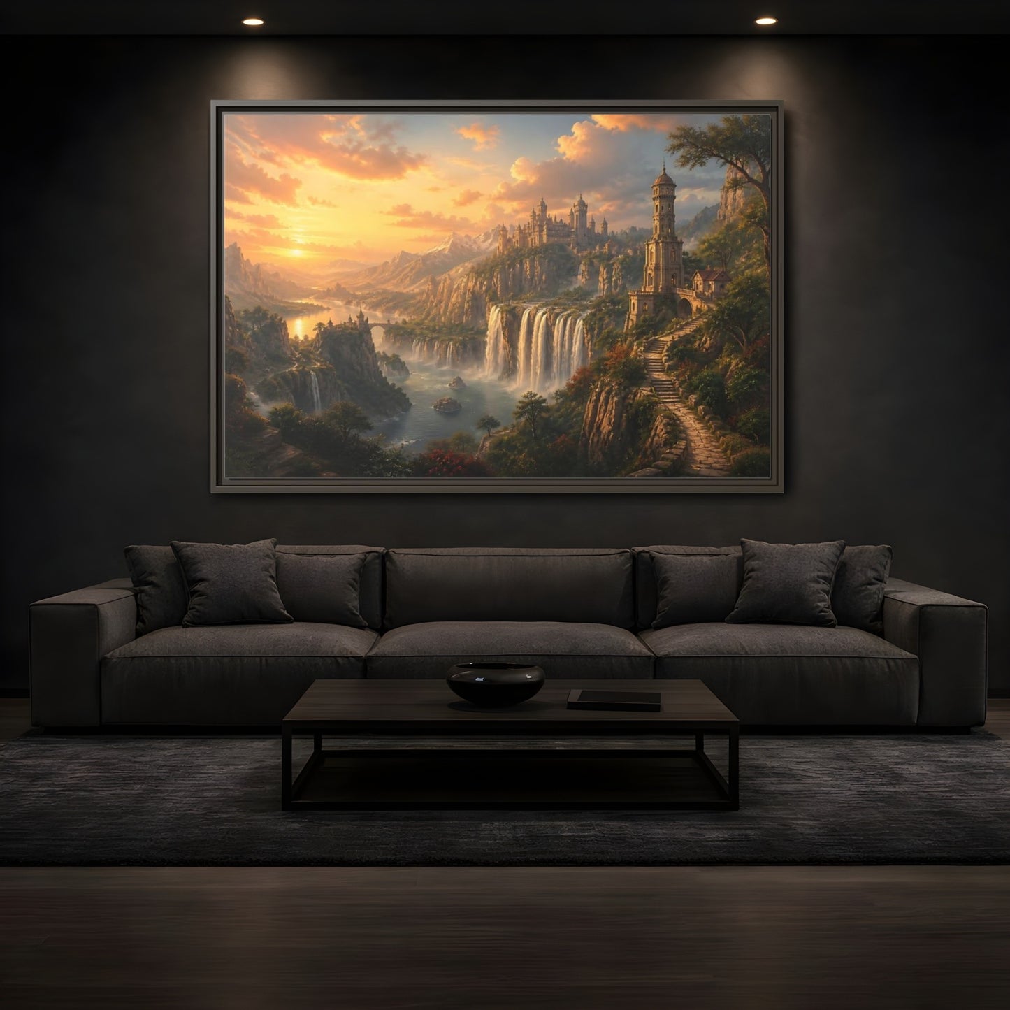 Mockup 3. Golden Cliffside Castle At Sunset shown as framed canvas print