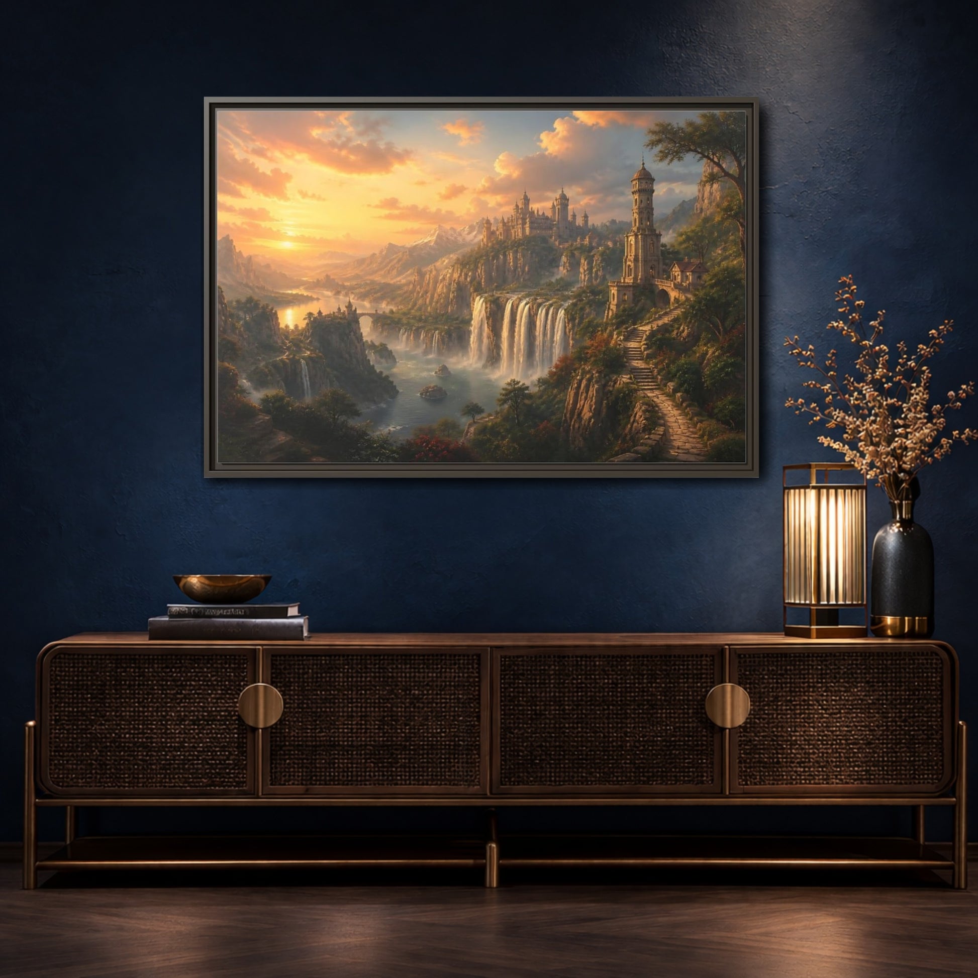 Mockup 4. Golden Cliffside Castle At Sunset shown as framed canvas print