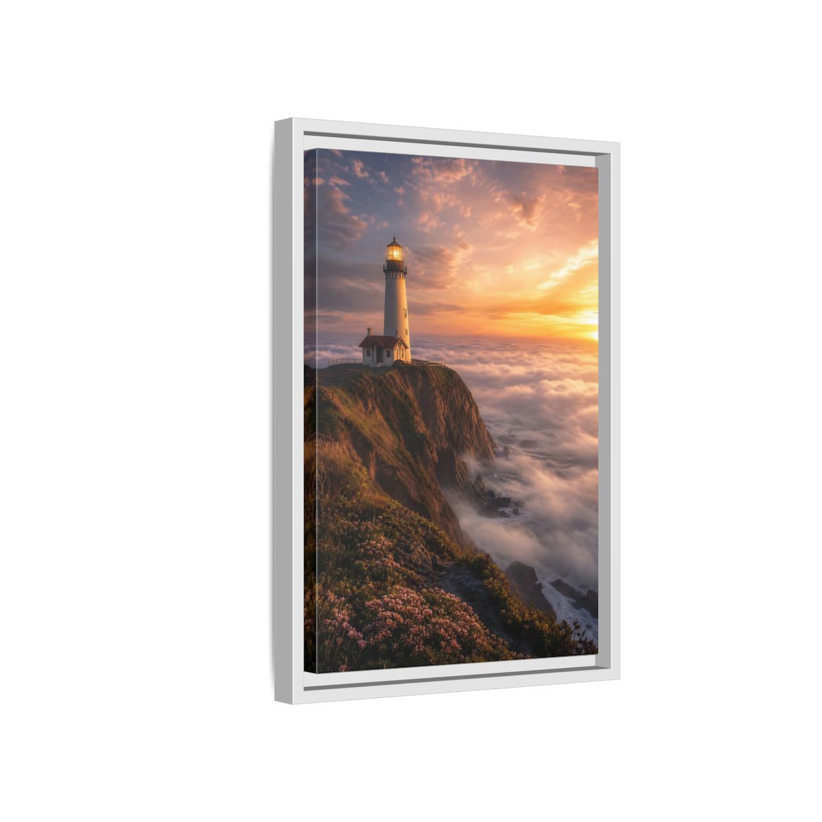 Side Mockup 4. Golden Cliffside Lighthouse shown as framed canvas print