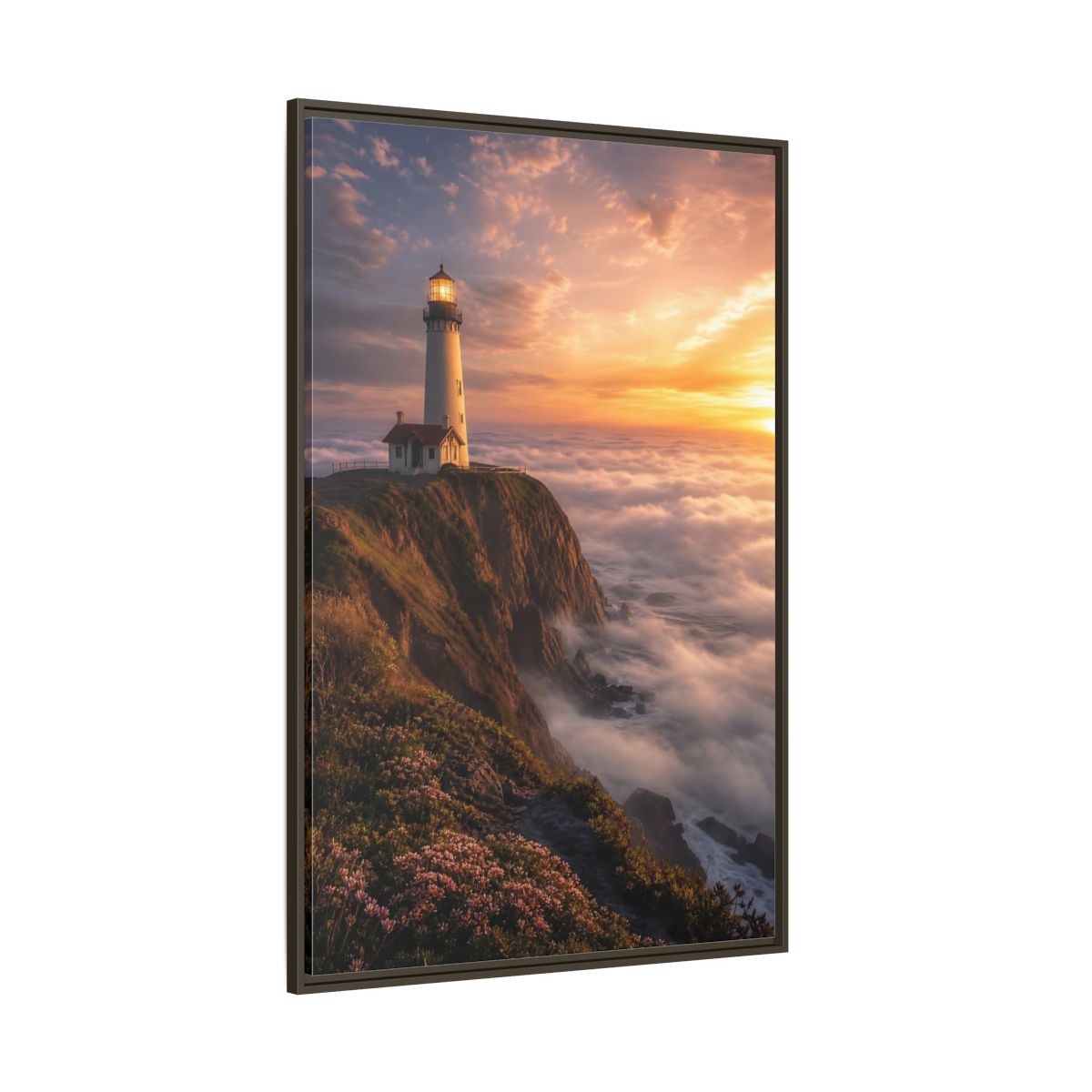 Side Mockup 8. Golden Cliffside Lighthouse shown as framed canvas print