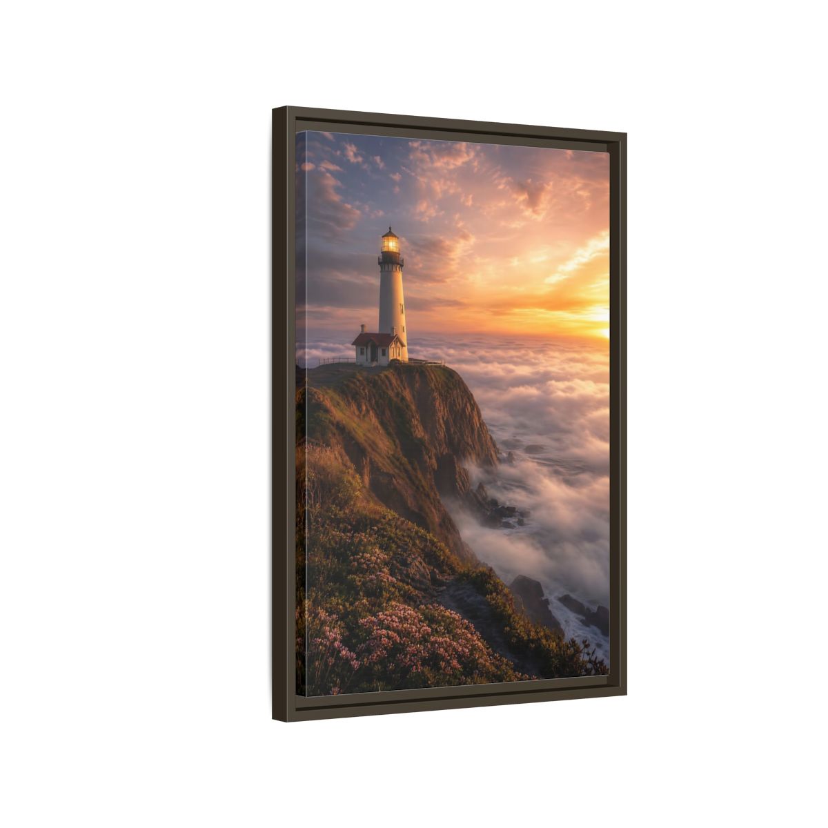Side Mockup 2. Golden Cliffside Lighthouse shown as framed canvas print