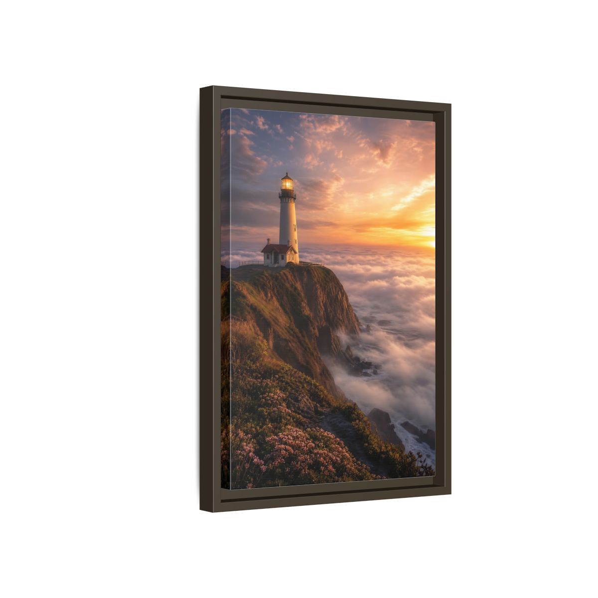 Side Mockup 5. Golden Cliffside Lighthouse shown as framed canvas print