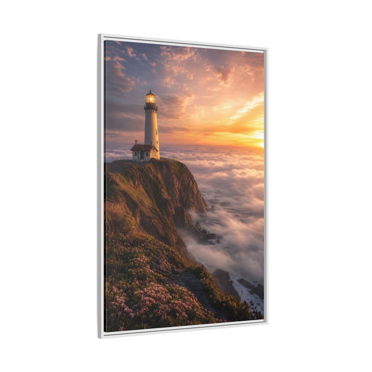 Side Mockup 7. Golden Cliffside Lighthouse shown as framed canvas print