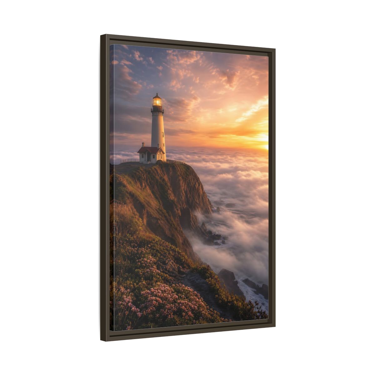 Side Mockup 11. Golden Cliffside Lighthouse shown as framed canvas print