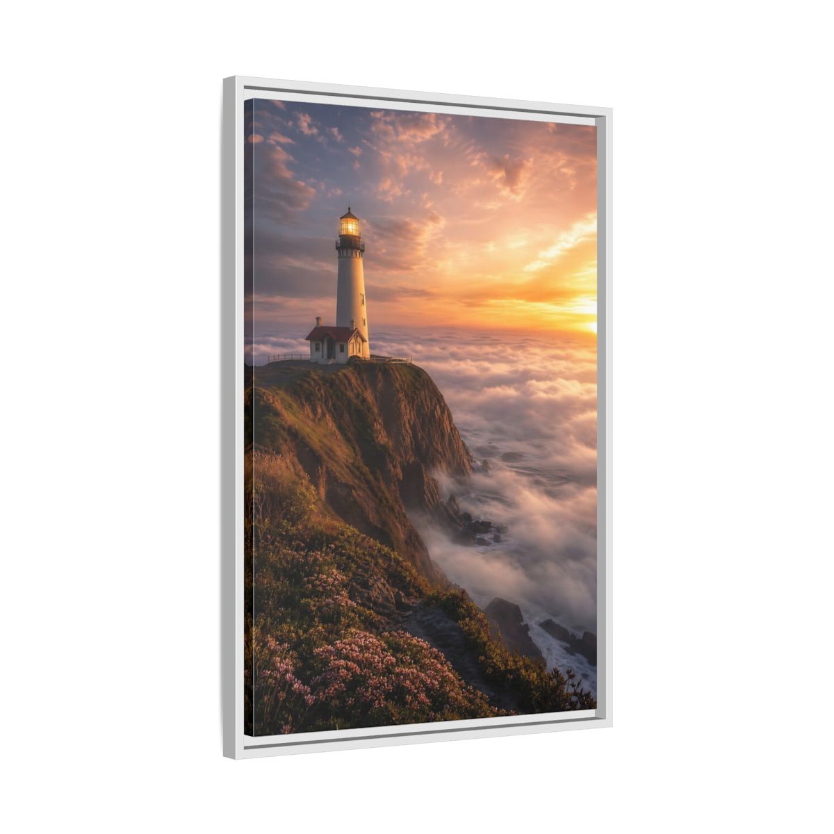 Side Mockup 10. Golden Cliffside Lighthouse shown as framed canvas print