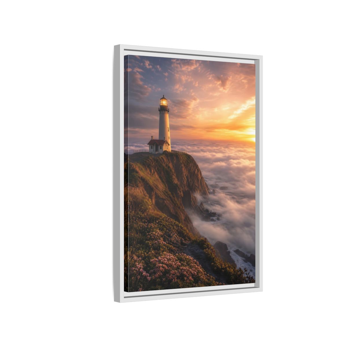 Side Mockup 1. Golden Cliffside Lighthouse shown as framed canvas print