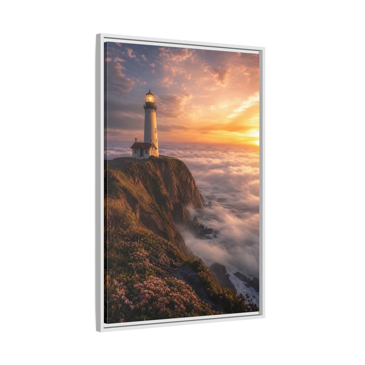 Side Mockup 9. Golden Cliffside Lighthouse shown as framed canvas print