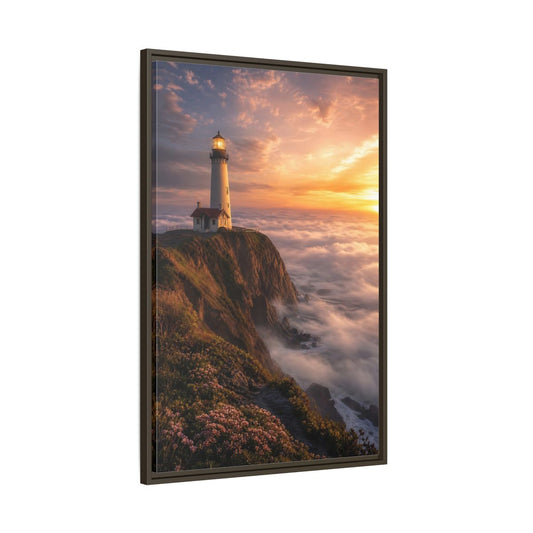 Main Mockup. Golden Cliffside Lighthouse shown as framed canvas print