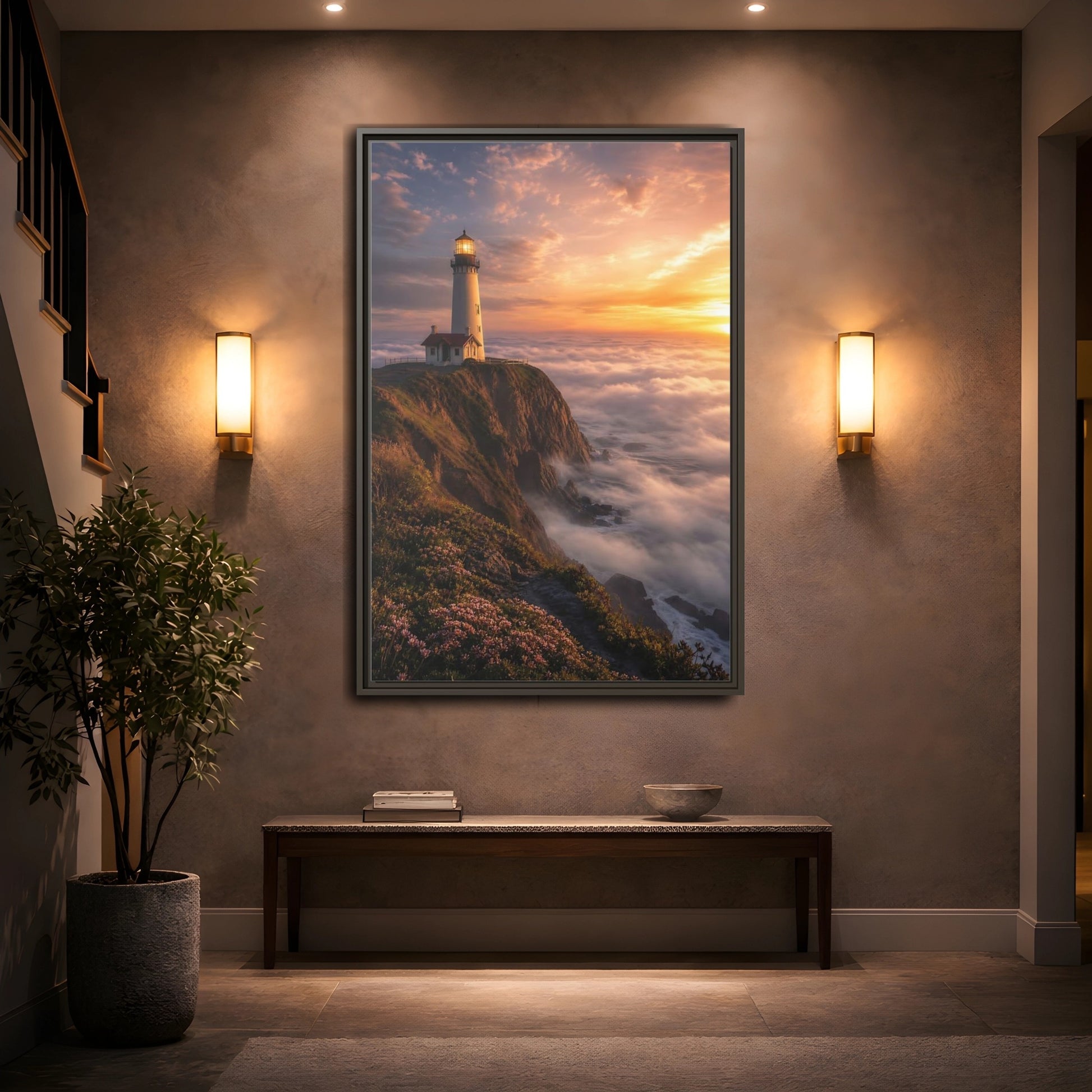 Mockup 2. Golden Cliffside Lighthouse shown as framed canvas print