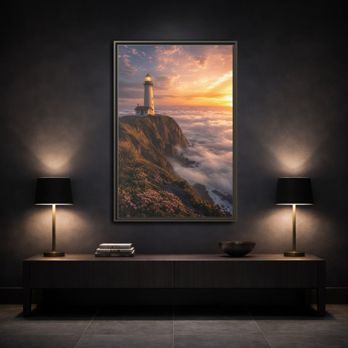Mockup 3. Golden Cliffside Lighthouse shown as framed canvas print
