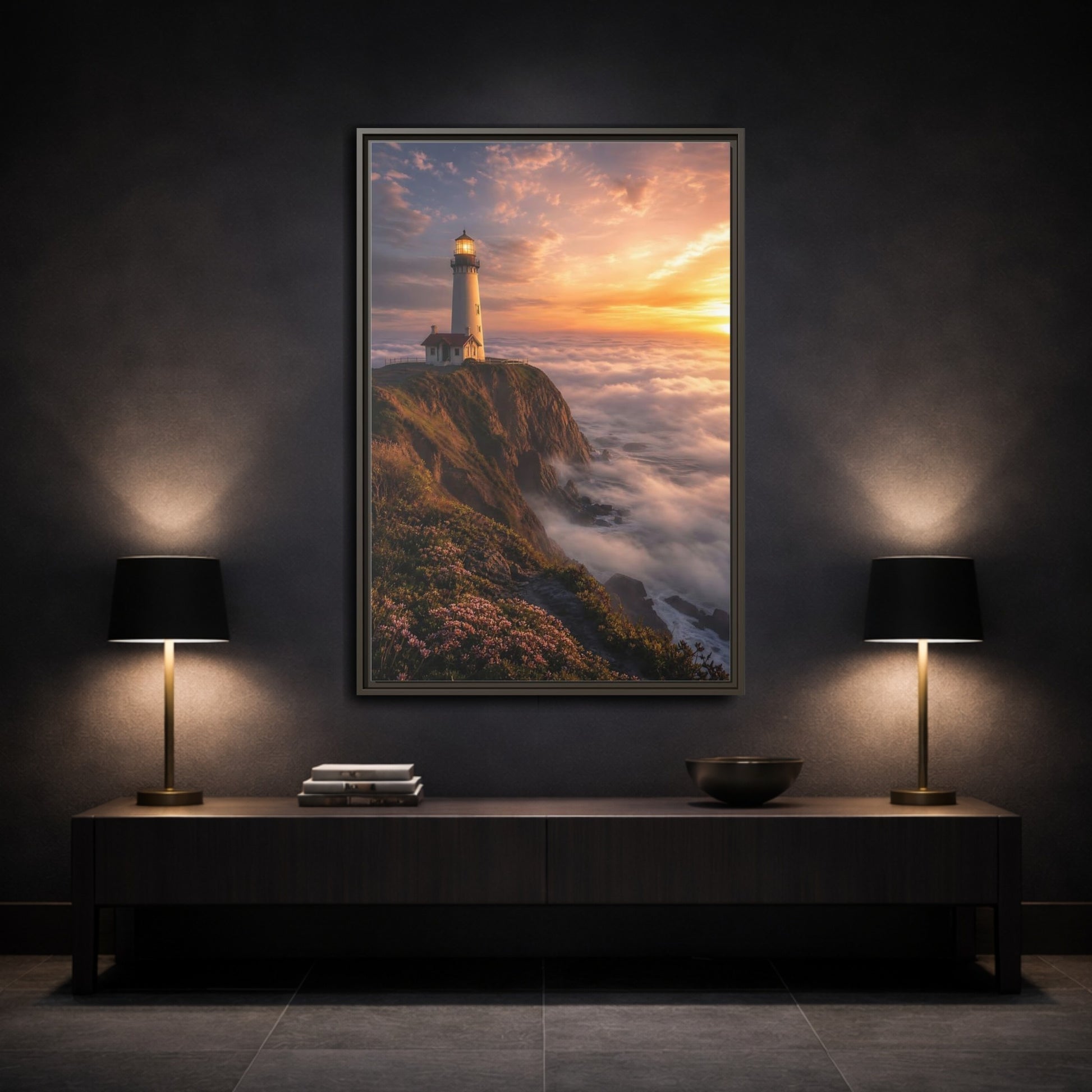 Mockup 3. Golden Cliffside Lighthouse shown as framed canvas print