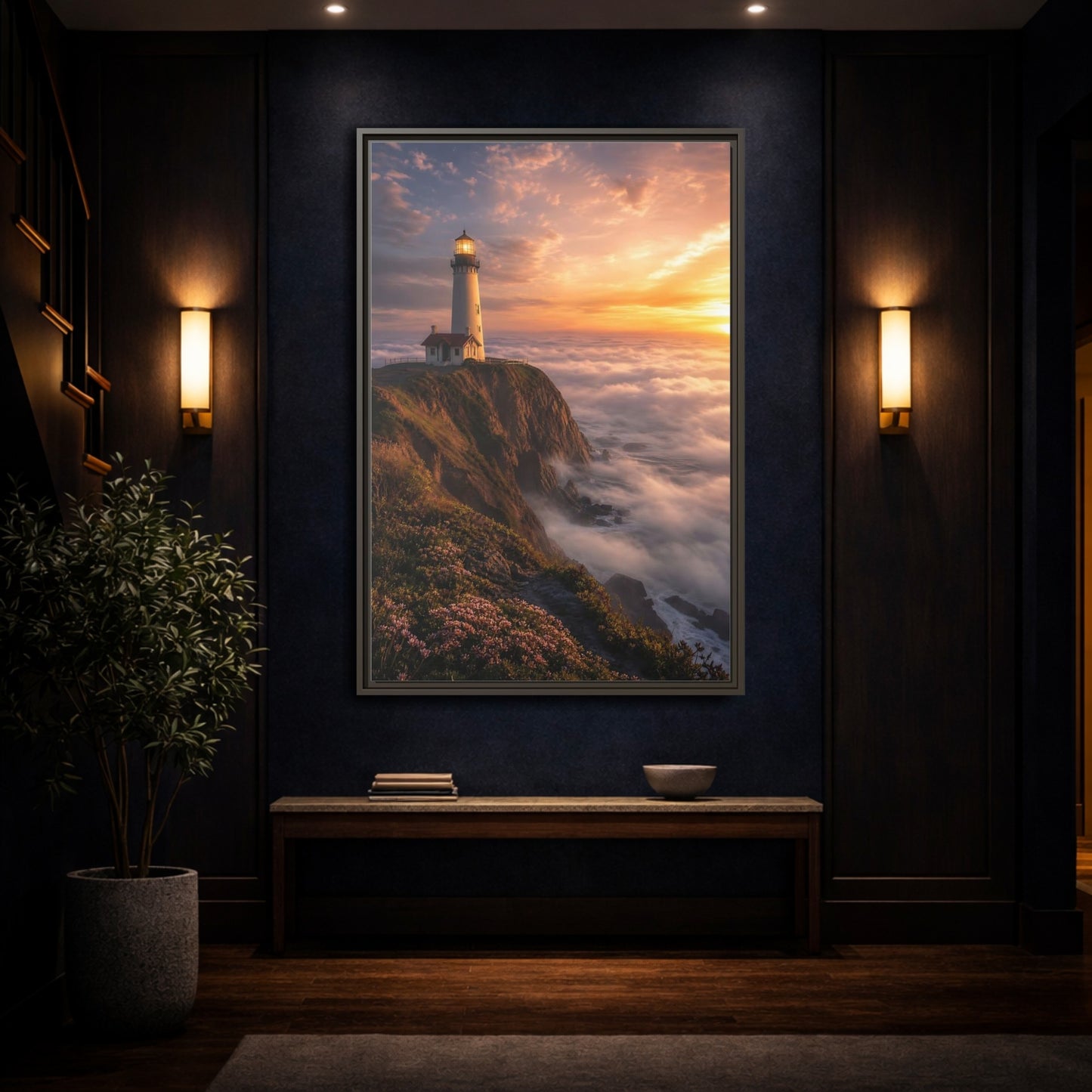 Mockup 4. Golden Cliffside Lighthouse shown as framed canvas print