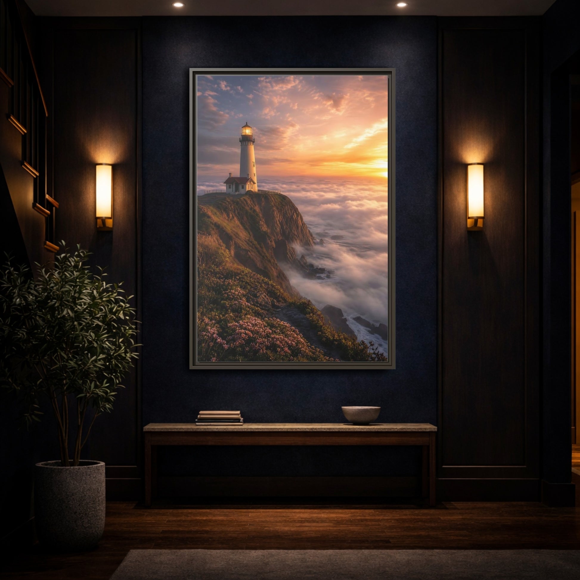 Mockup 4. Golden Cliffside Lighthouse shown as framed canvas print