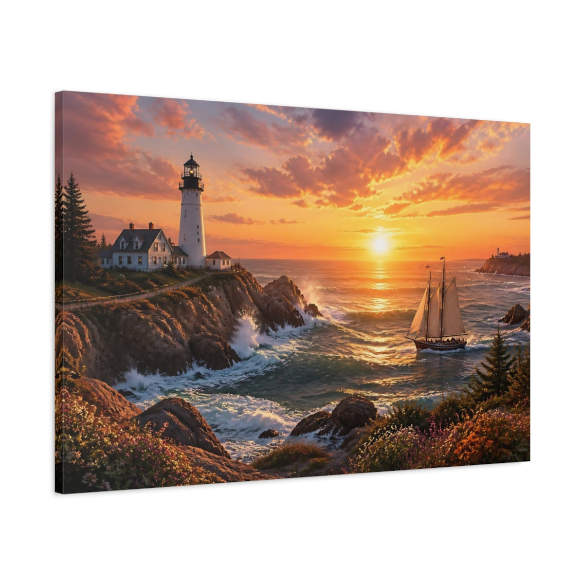Main Mockup. Golden Coastal Lighthouse shown as canvas print