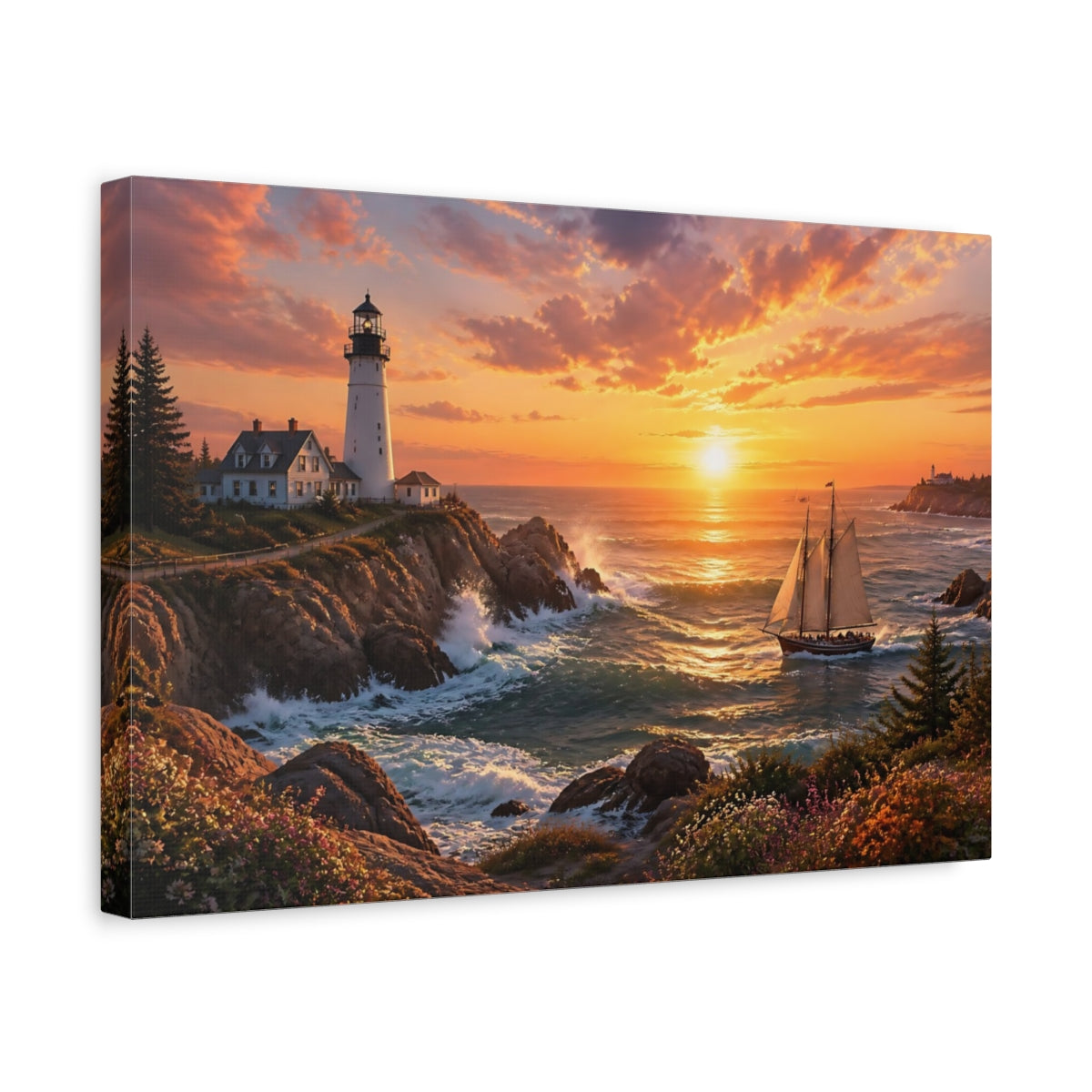 Side Mockup 4. Golden Coastal Lighthouse shown as canvas print