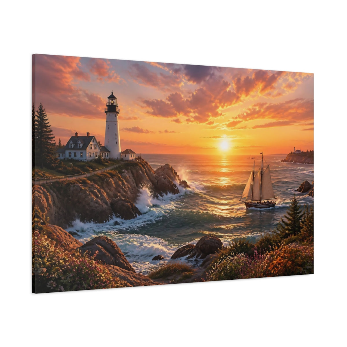 Side Mockup 1. Golden Coastal Lighthouse shown as canvas print