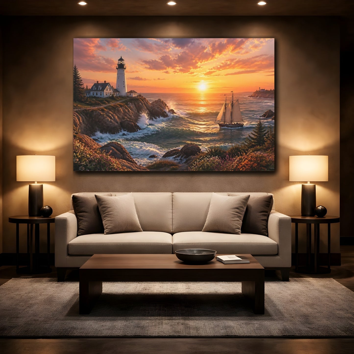 Mockup 2. Golden Coastal Lighthouse shown as canvas print