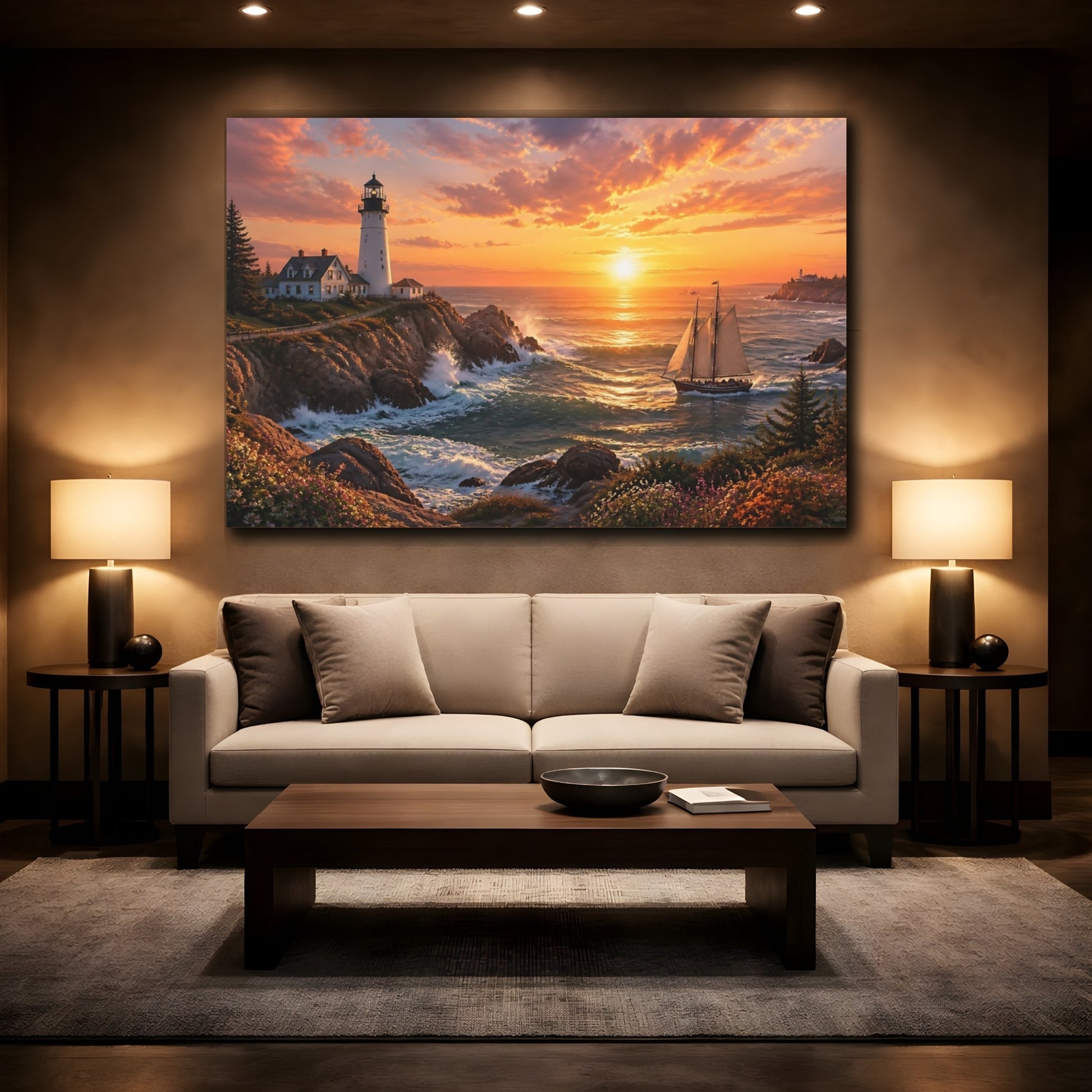 Mockup 2. Golden Coastal Lighthouse shown as canvas print