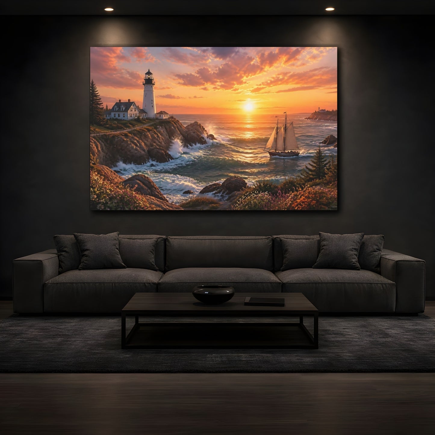 Mockup 3. Golden Coastal Lighthouse shown as canvas print