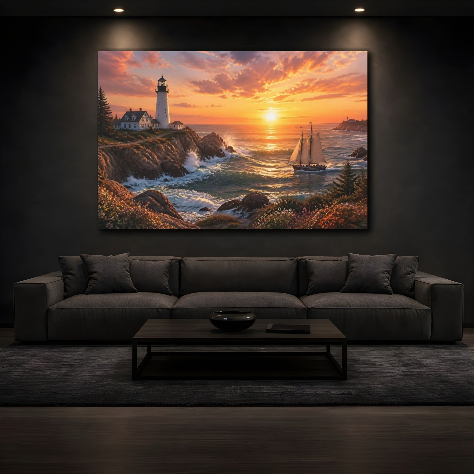 Mockup 3. Golden Coastal Lighthouse shown as canvas print