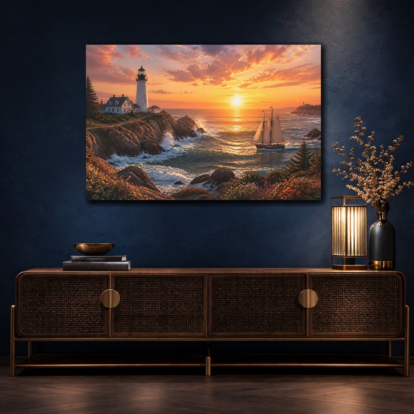 Mockup 4. Golden Coastal Lighthouse shown as canvas print