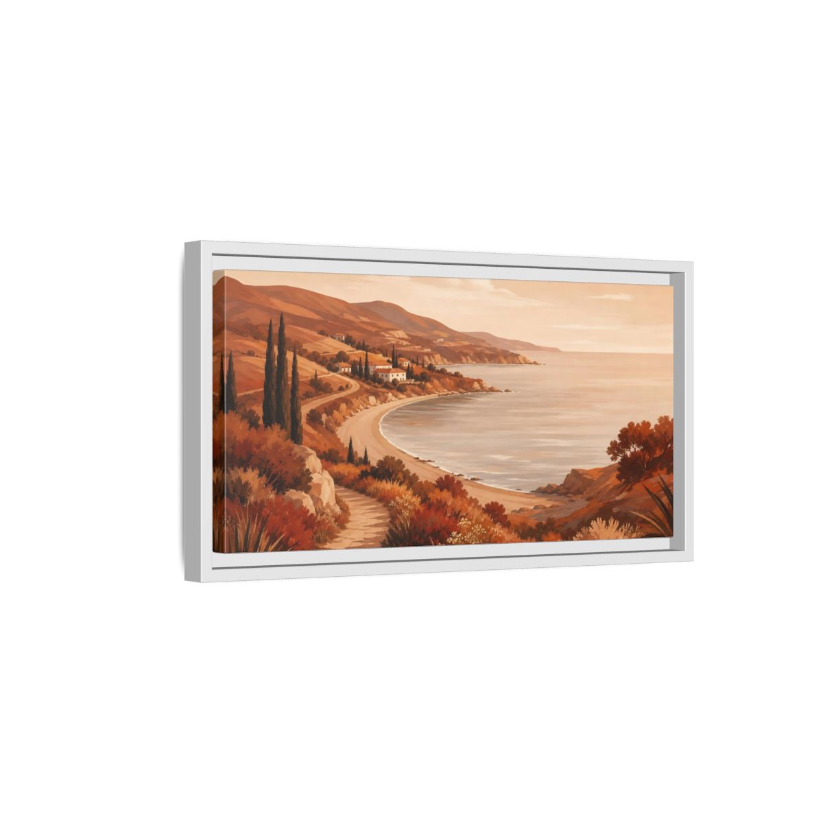 Side Mockup 6. Golden Coastal Path shown as framed canvas print