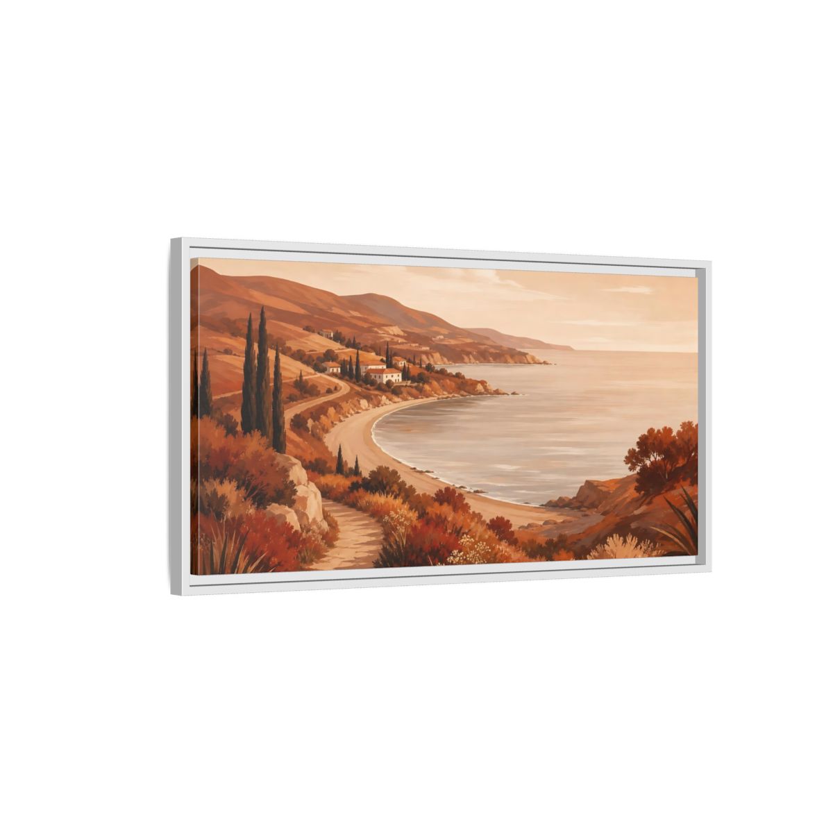Side Mockup 1. Golden Coastal Path shown as framed canvas print