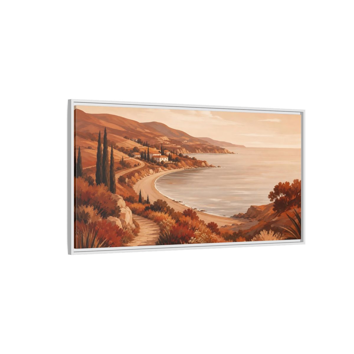 Side Mockup 3. Golden Coastal Path shown as framed canvas print