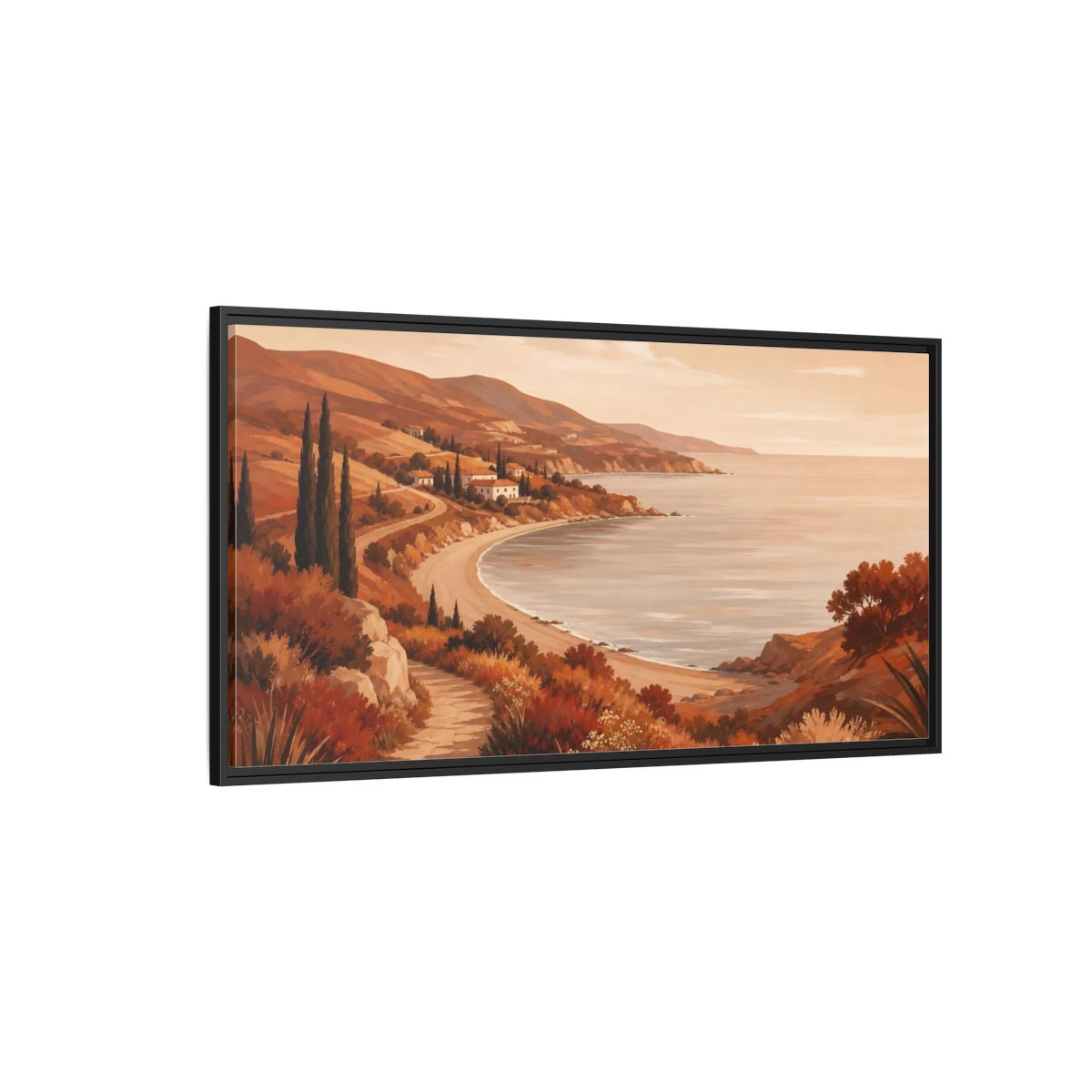 Side Mockup 5. Golden Coastal Path shown as framed canvas print