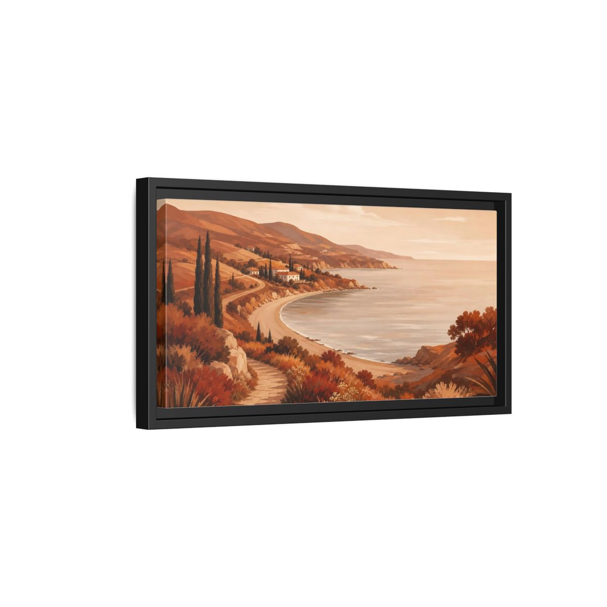 Side Mockup 8. Golden Coastal Path shown as framed canvas print