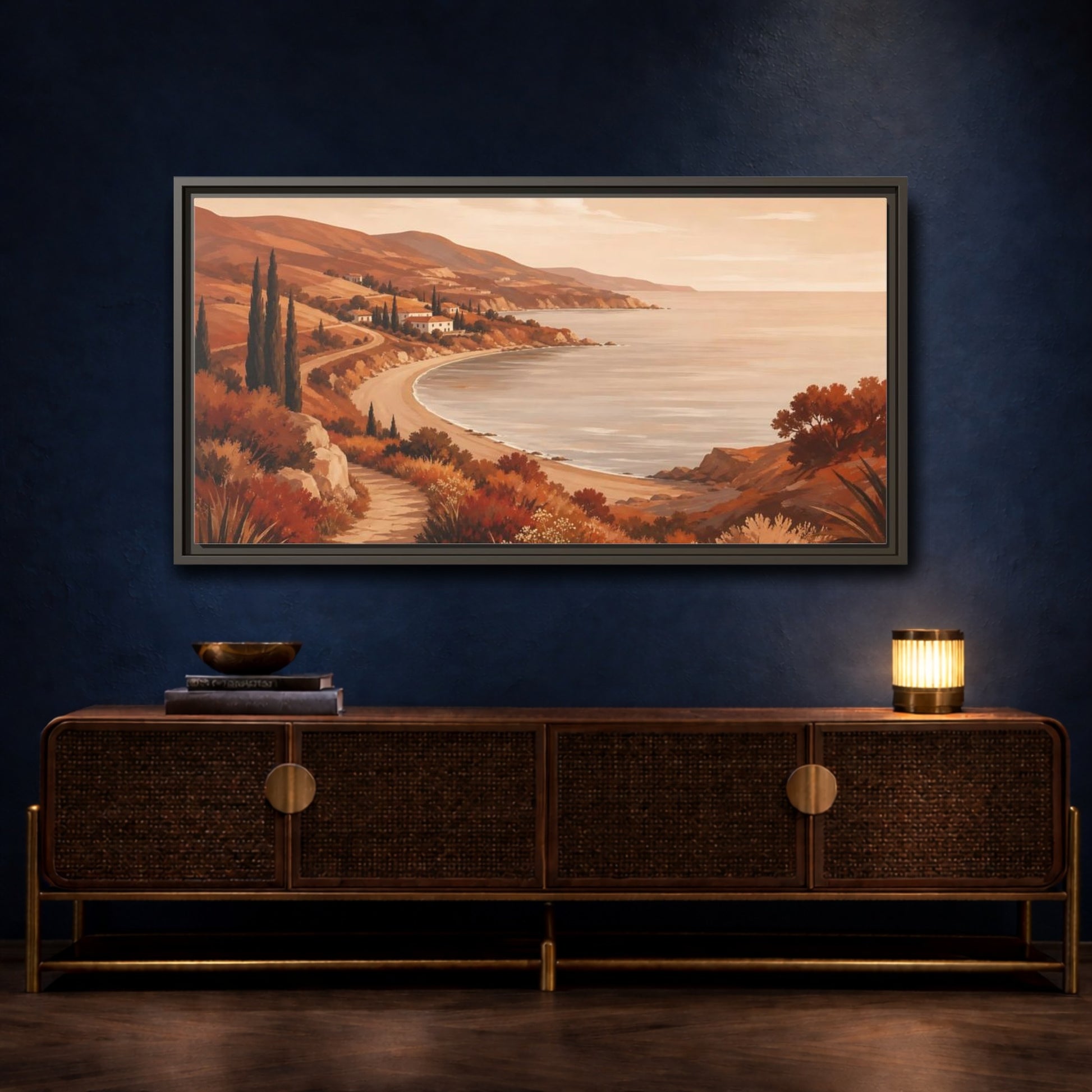 Mockup 4. Golden Coastal Path shown as framed canvas print
