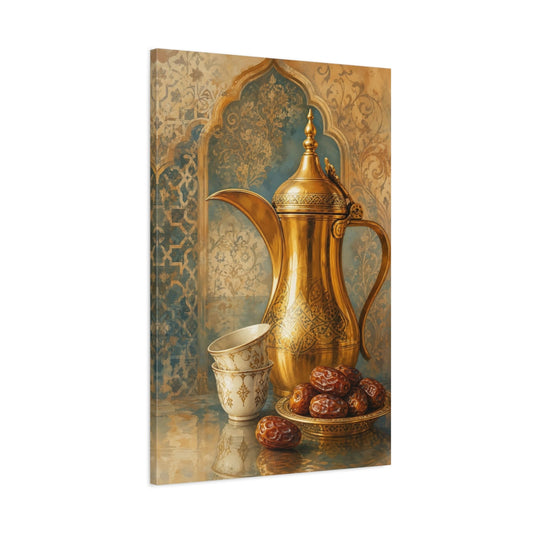 Main Mockup. Golden Coffee Pot & Dates shown as canvas print