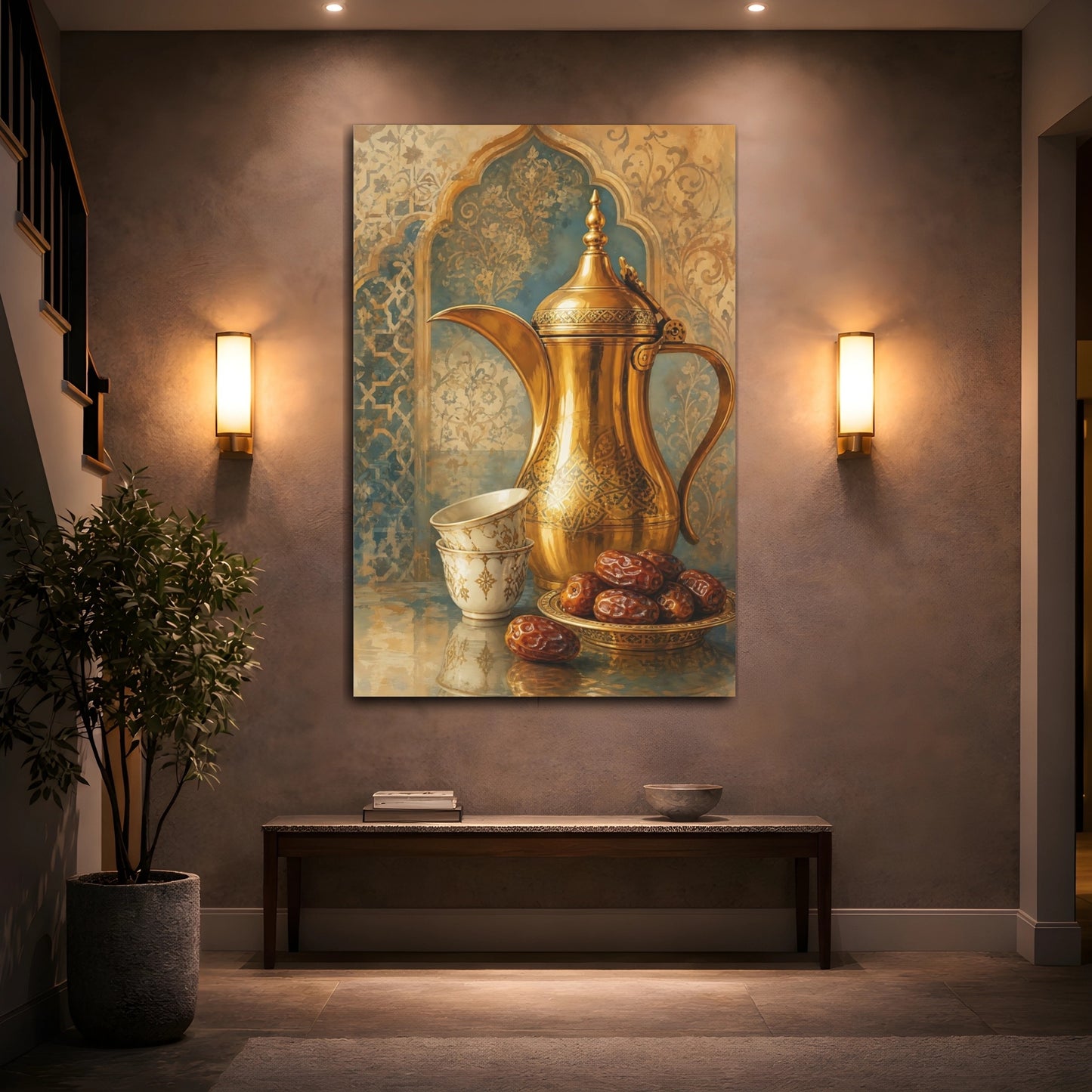 Mockup 2. Golden Coffee Pot & Dates shown as canvas print