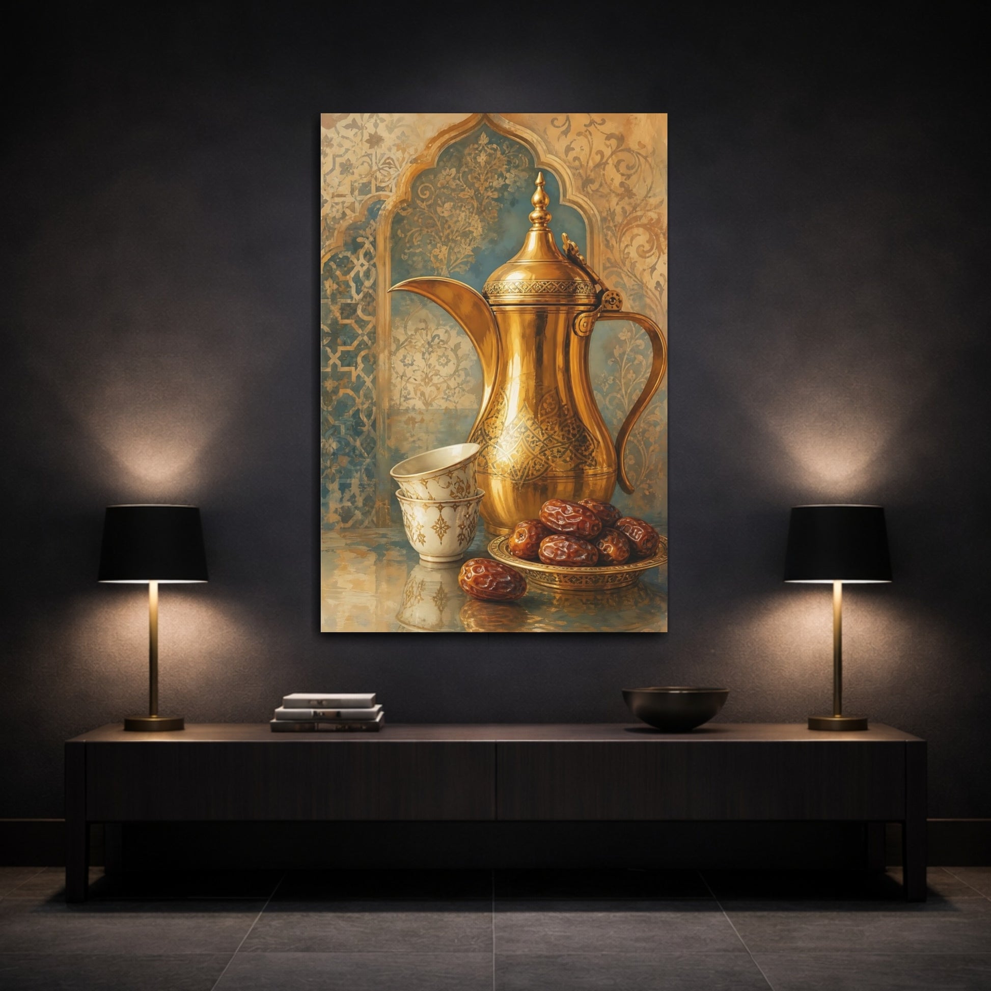 Mockup 3. Golden Coffee Pot & Dates shown as canvas print