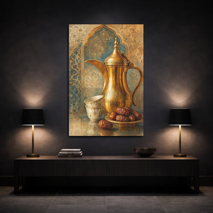 Mockup 3. Golden Coffee Pot & Dates shown as canvas print