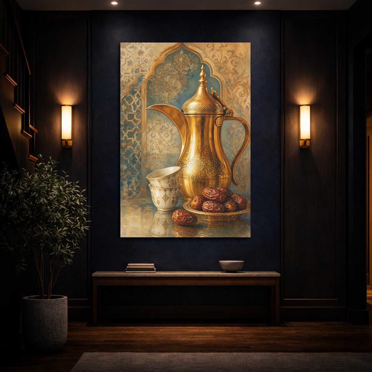 Mockup 4. Golden Coffee Pot & Dates shown as canvas print