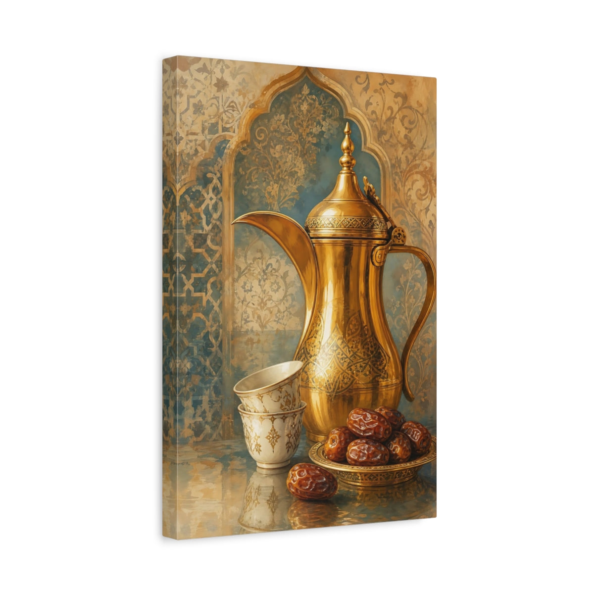 Side Mockup 4. Golden Coffee Pot & Dates shown as canvas print