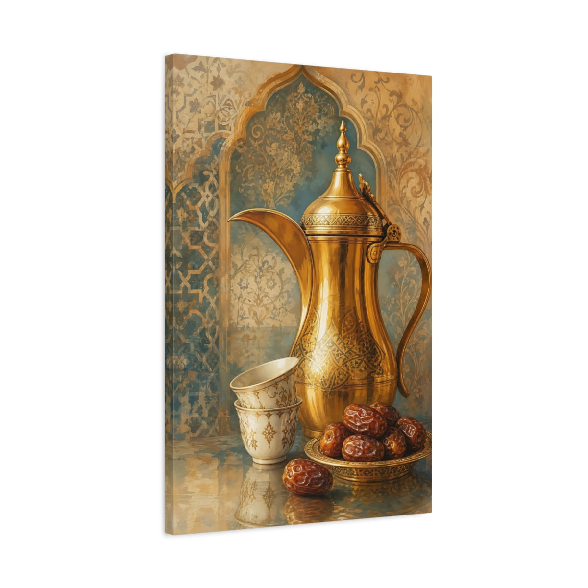 Side Mockup 2. Golden Coffee Pot & Dates shown as canvas print