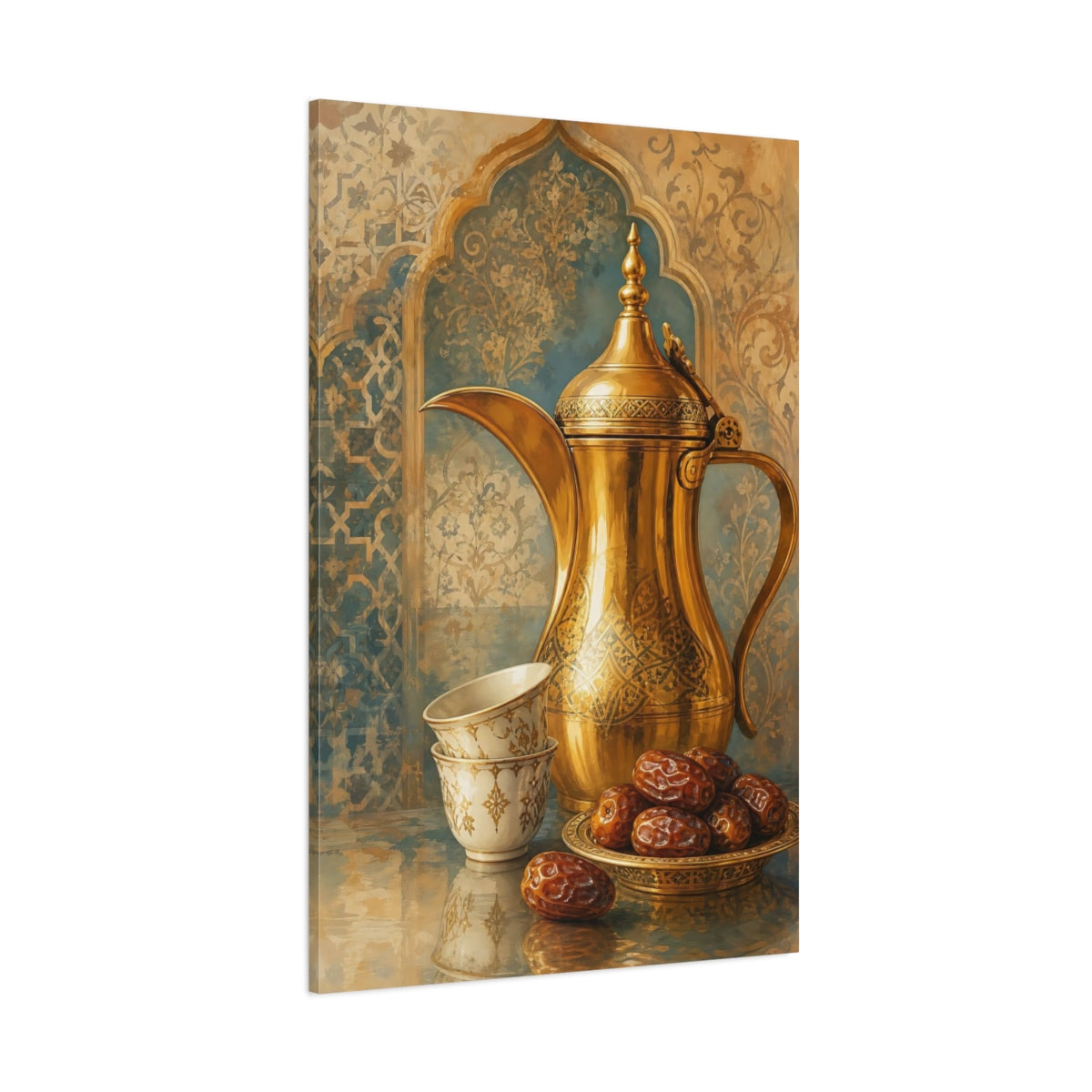 Side Mockup 1. Golden Coffee Pot & Dates shown as canvas print