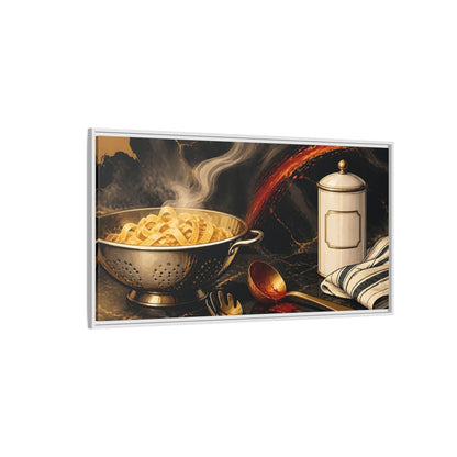 Side Mockup 3. Golden Colander With Pasta shown as framed canvas print