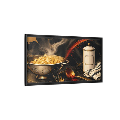 Side Mockup 2. Golden Colander With Pasta shown as framed canvas print