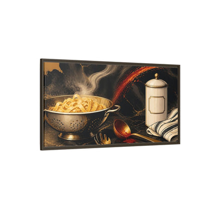 Side Mockup 4. Golden Colander With Pasta shown as framed canvas print