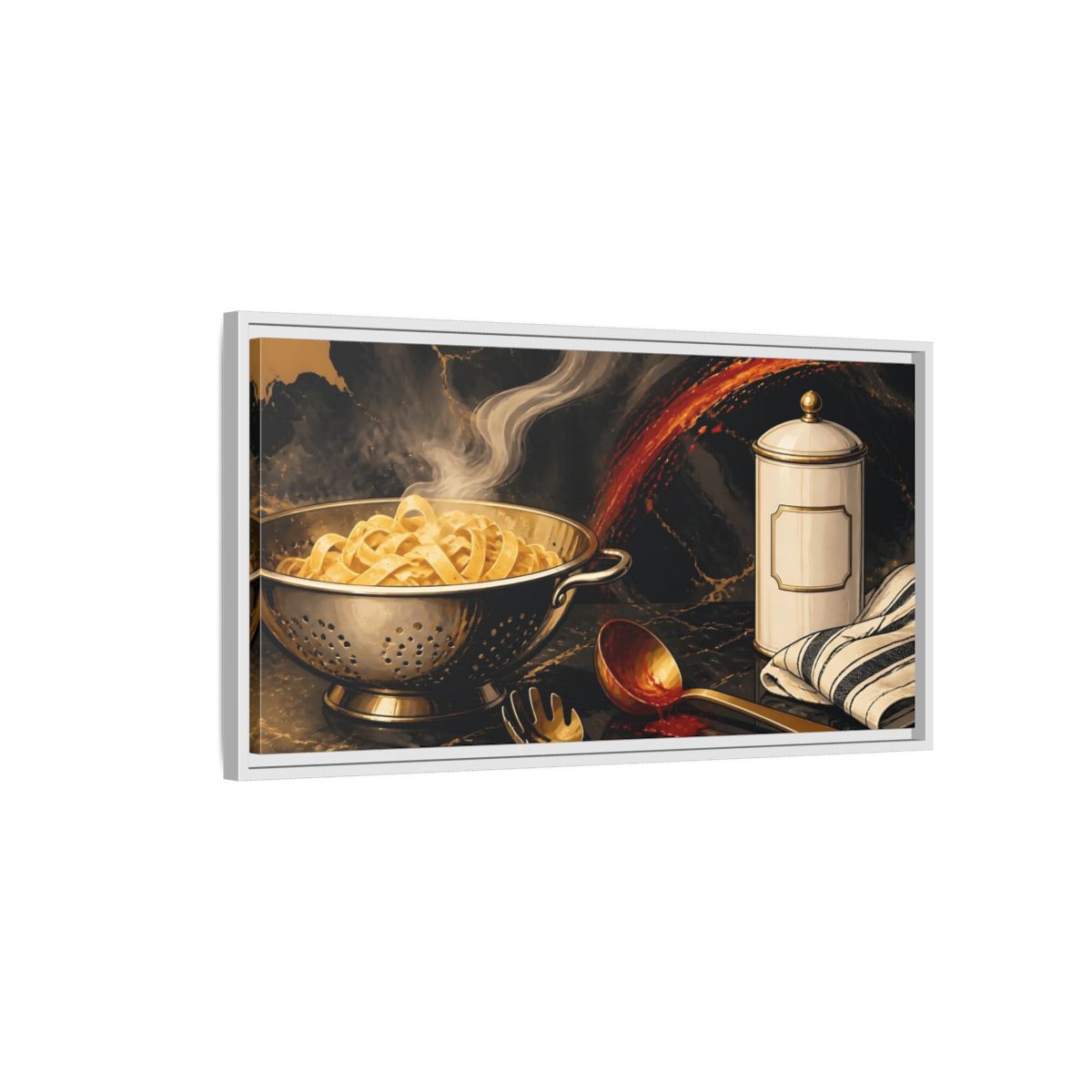 Side Mockup 1. Golden Colander With Pasta shown as framed canvas print